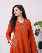Koshaari Rust Orange Floral Embroidered Kurti Set with Dupatta