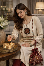 Elegant Beige Cotton Kurti with Traditional Embroidery