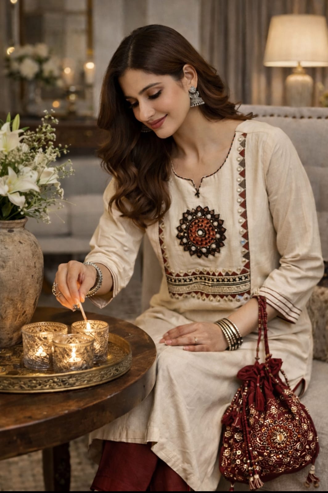 Elegant Beige Cotton Kurti with Traditional Embroidery