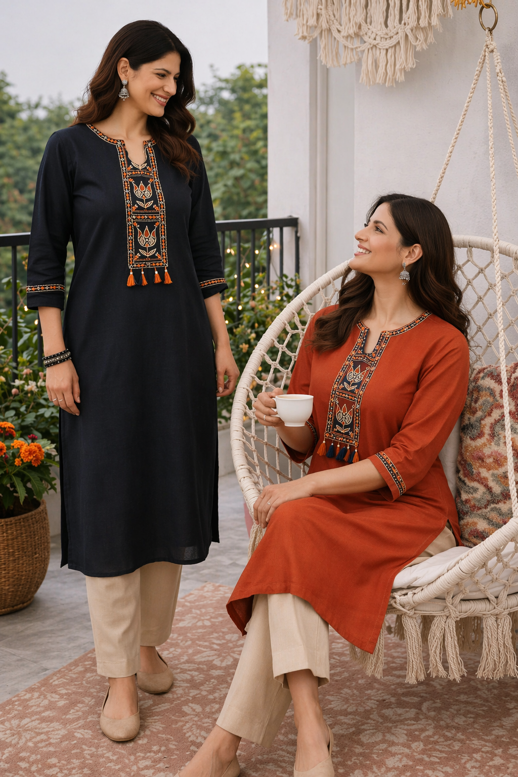 black Neckwork Cotton Kurti with Tassel