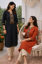 black Neckwork Cotton Kurti with Tassel