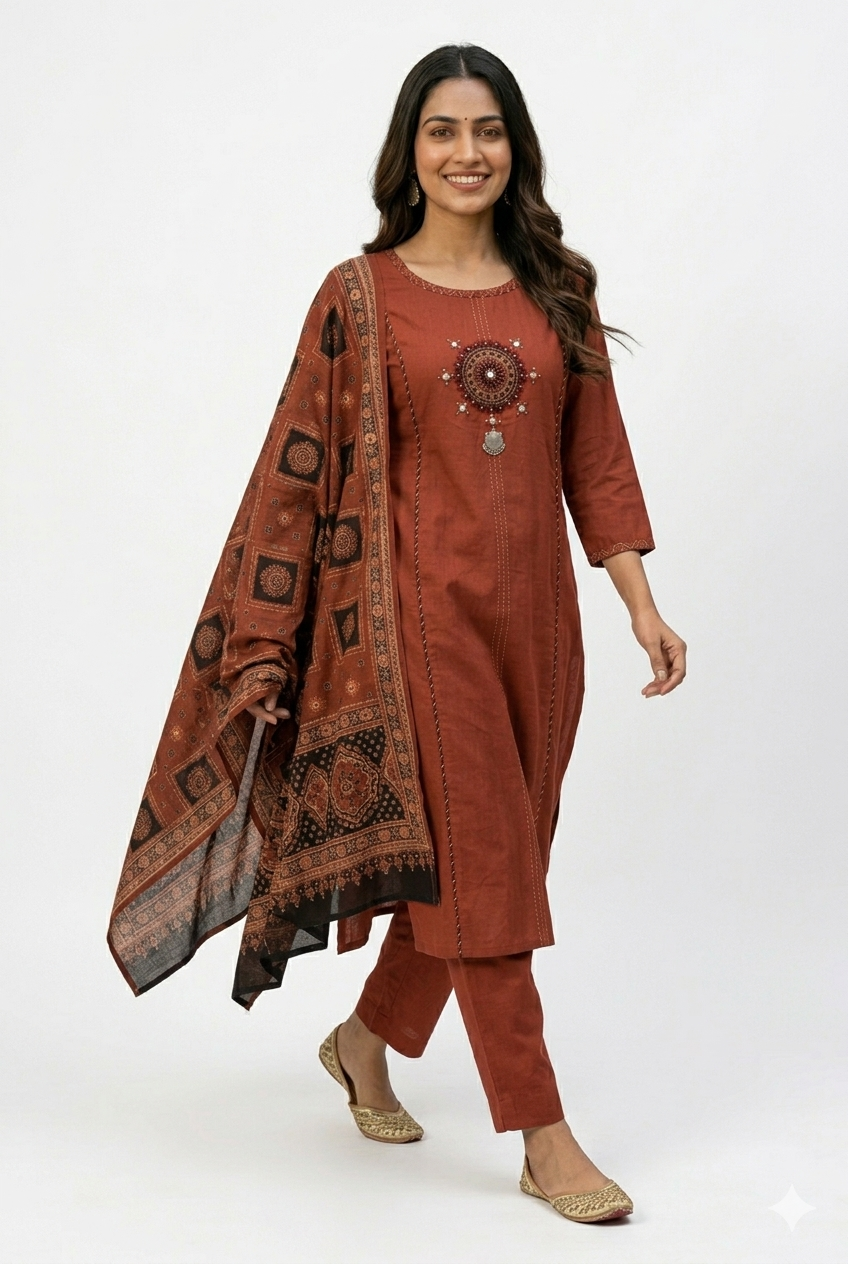 Rust Red Mirror-Work Kurta Set