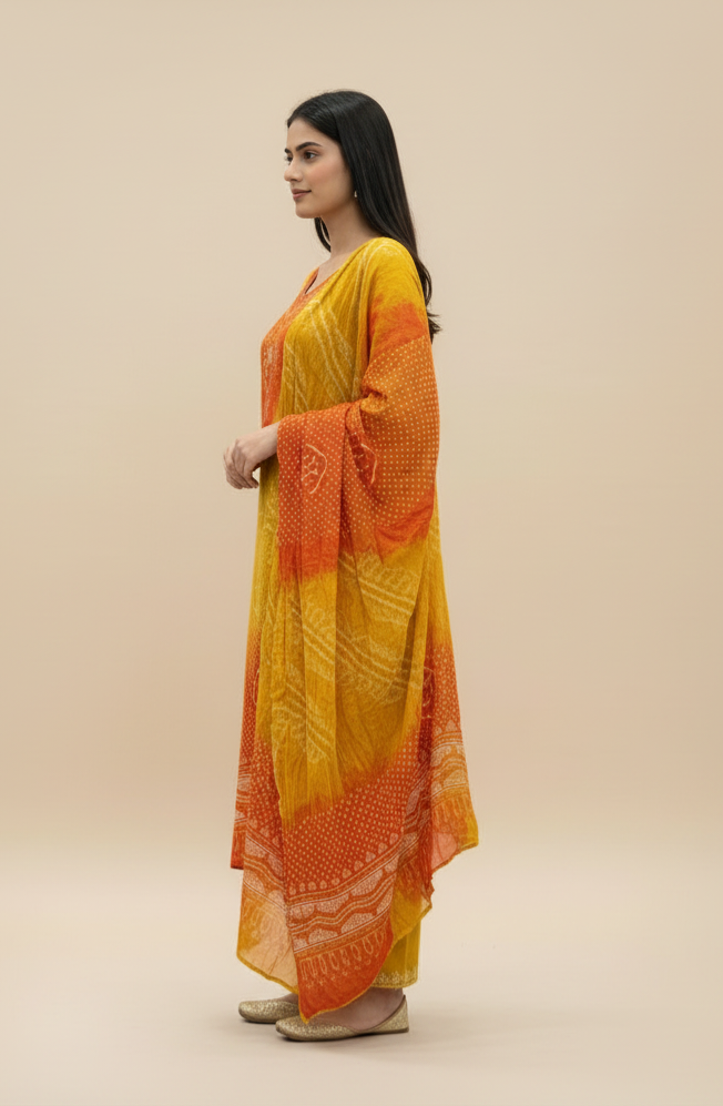Bandani red Yellow Floral Kurti Set