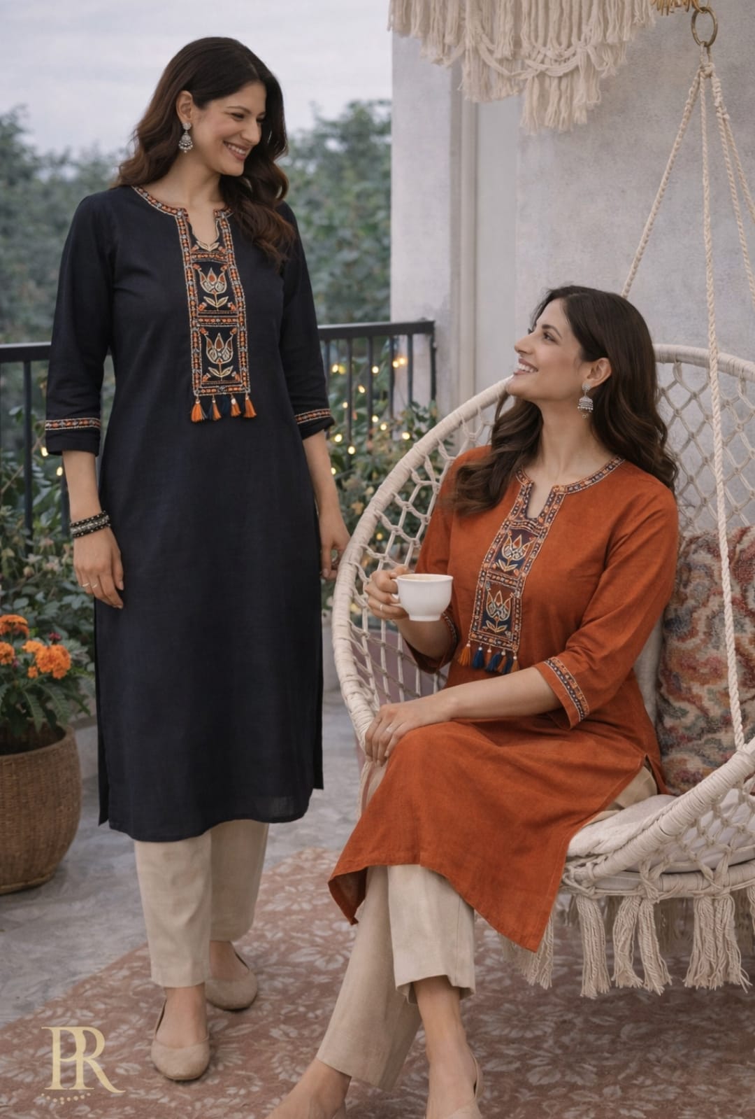Rust Orange Embroidered Cotton Kurti with Tassel