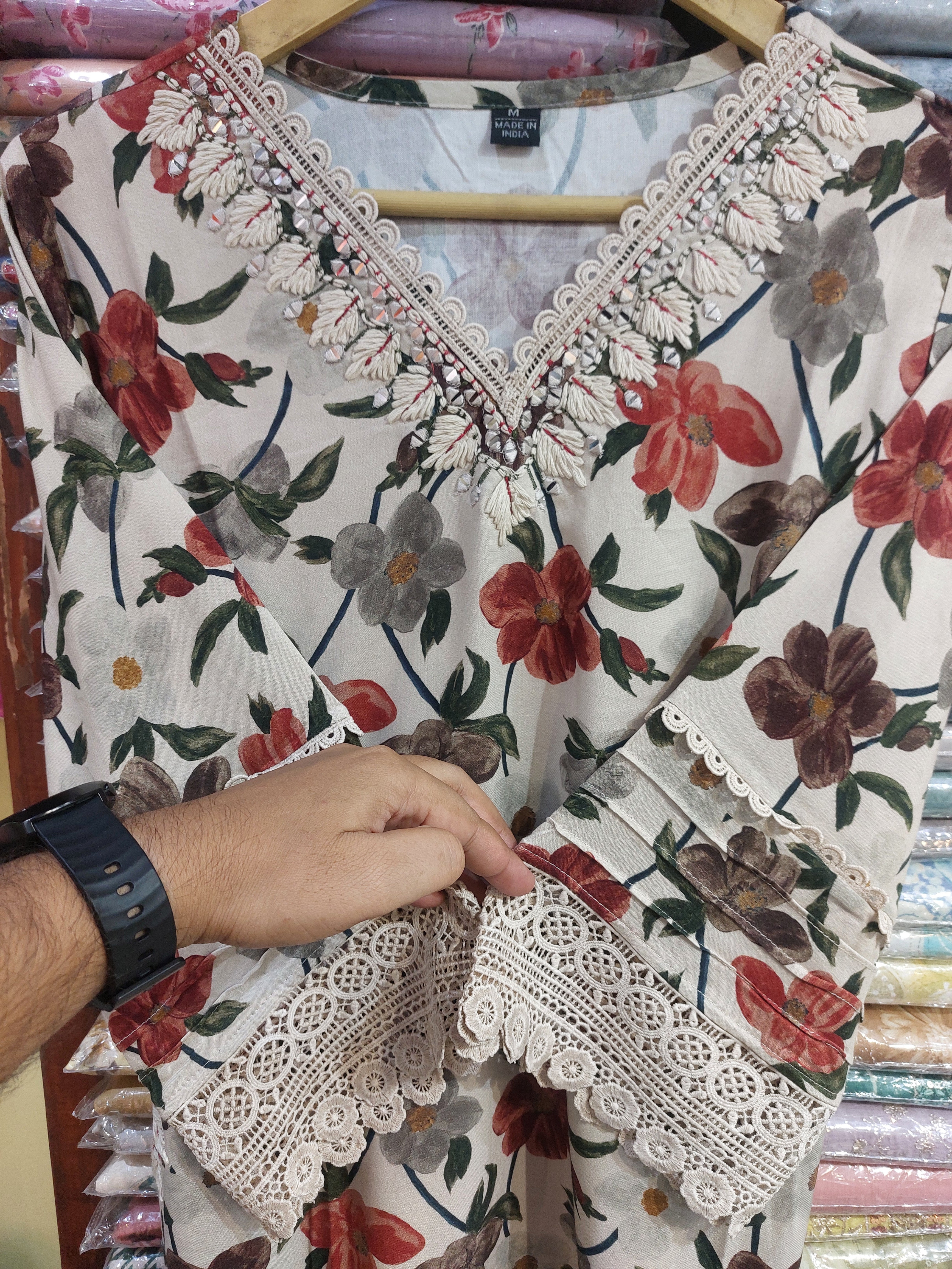 Floral Lace-Trimmed Kurti