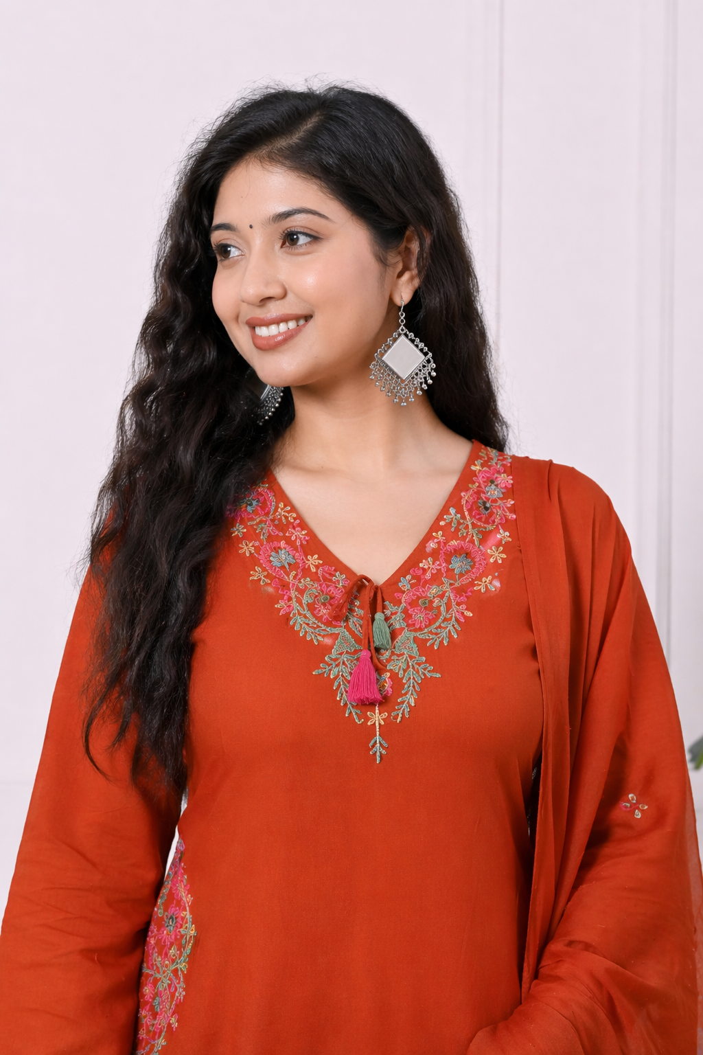 Koshaari Rust Orange Floral Embroidered Kurti Set with Dupatta