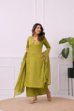 Koshaari Mehendi green Floral Embroidered Kurti Set with Dupatta