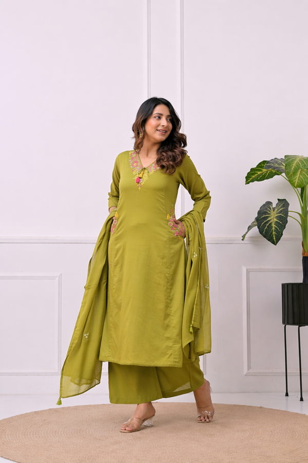 Koshaari Mehendi green Floral Embroidered Kurti Set with Dupatta