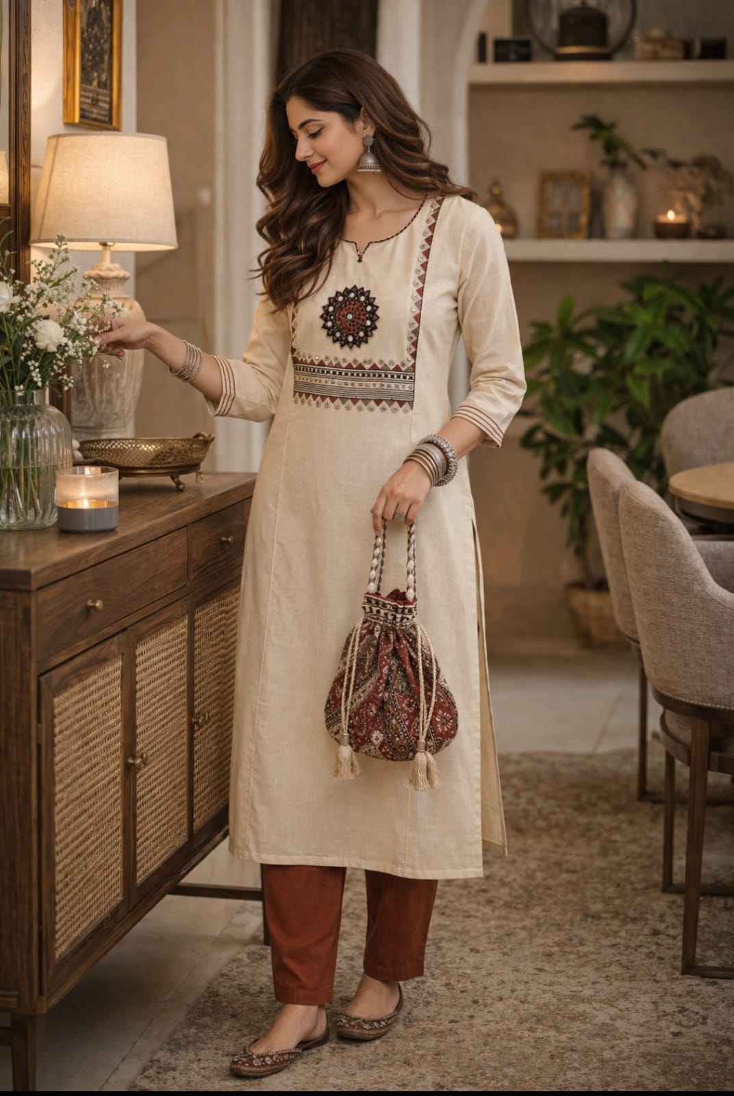 Elegant Beige Cotton Kurti with Traditional Embroidery