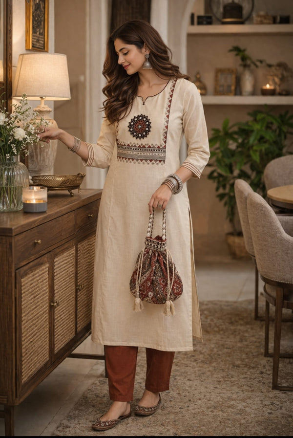 Elegant Beige Cotton Kurti with Traditional Embroidery