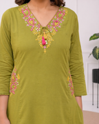 Koshaari Mehendi green Floral Embroidered Kurti Set with Dupatta