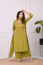Koshaari Mehendi green Floral Embroidered Kurti Set with Dupatta