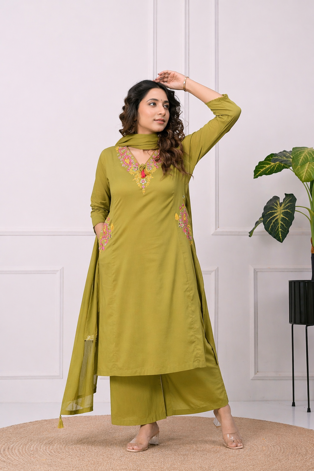 Koshaari Mehendi green Floral Embroidered Kurti Set with Dupatta