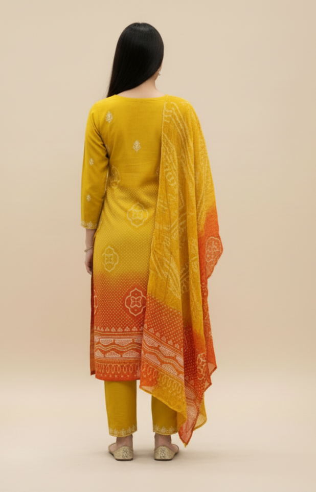 Bandani red Yellow Floral Kurti Set