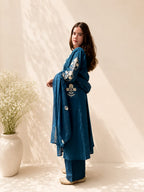Koshaari Women's Teal Blue Floral Embroidered Anarkali Kurta with Trousers & Dupatta Set