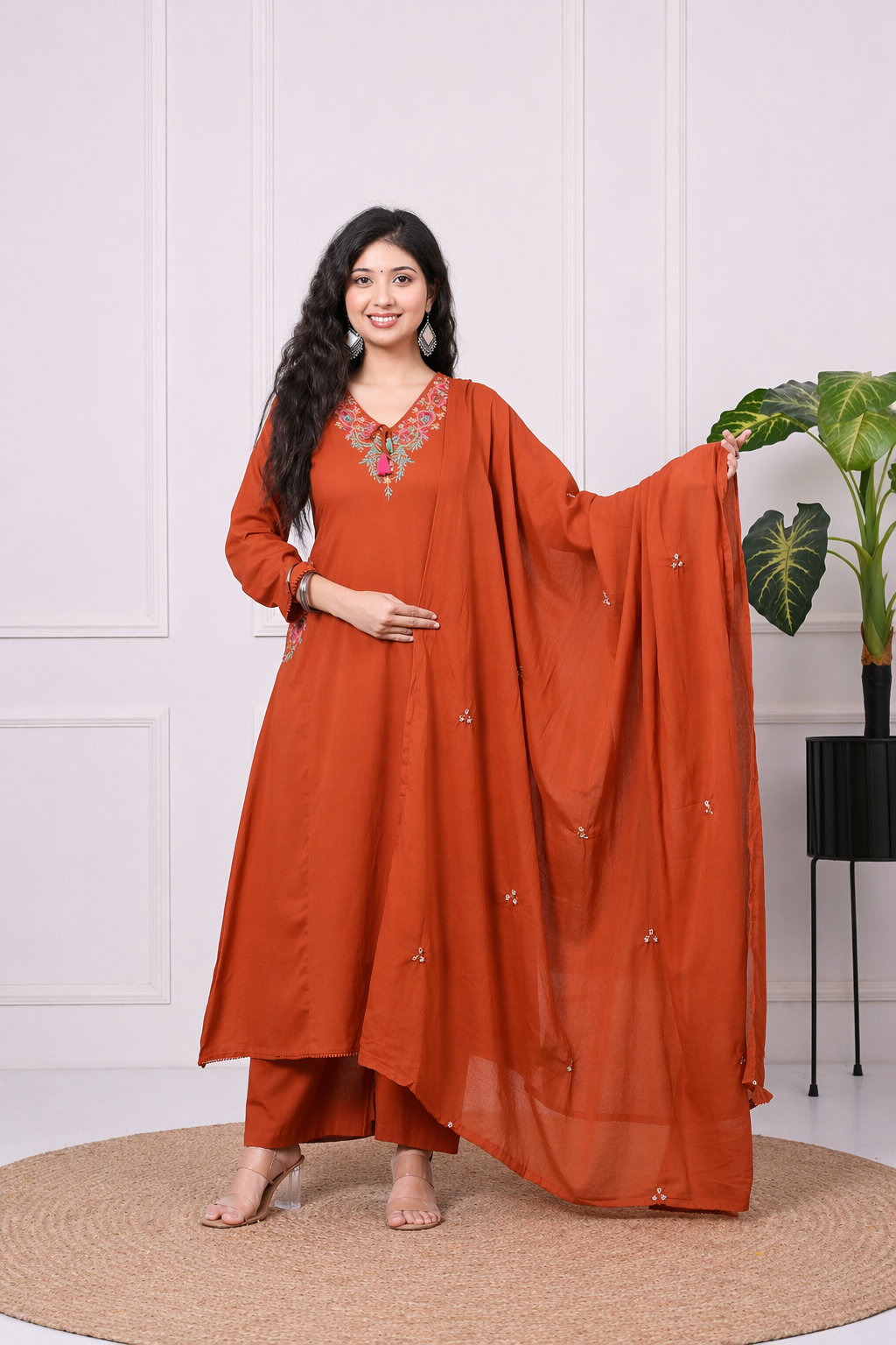 Koshaari Rust Orange Floral Embroidered Kurti Set with Dupatta