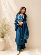 Koshaari Women's Teal Blue Floral Embroidered Anarkali Kurta with Trousers & Dupatta Set