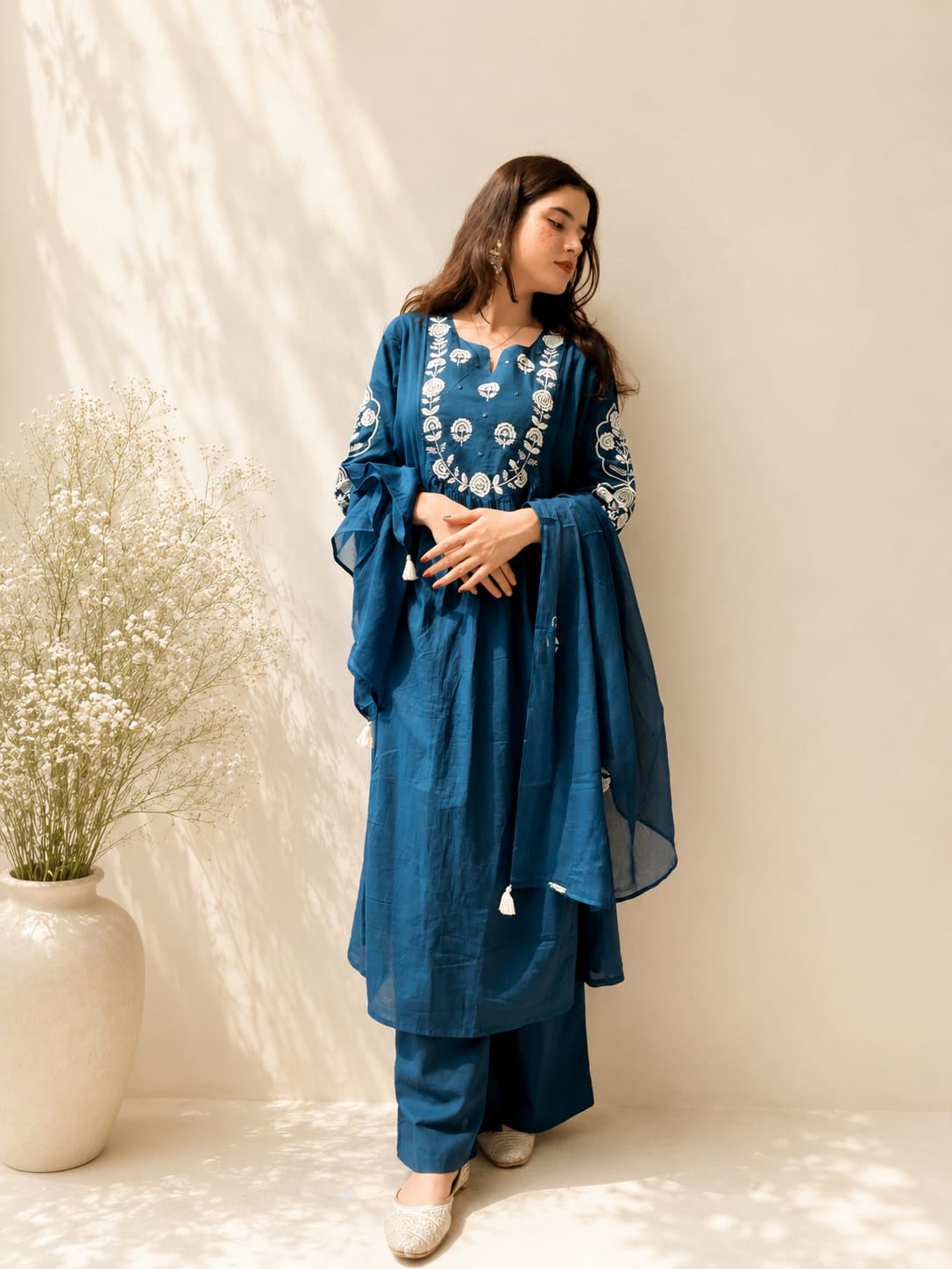 Koshaari Women's Teal Blue Floral Embroidered Anarkali Kurta with Trousers & Dupatta Set