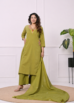 Koshaari Mehendi green Floral Embroidered Kurti Set with Dupatta