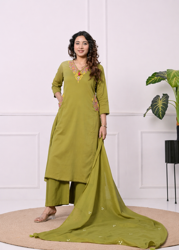 Koshaari Mehendi green Floral Embroidered Kurti Set with Dupatta