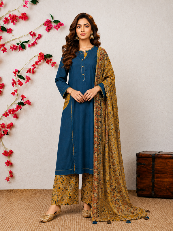 Elegant Indigo Blue Cotton Kurta Set with Kalamkari Print Palazo & Dupatta
