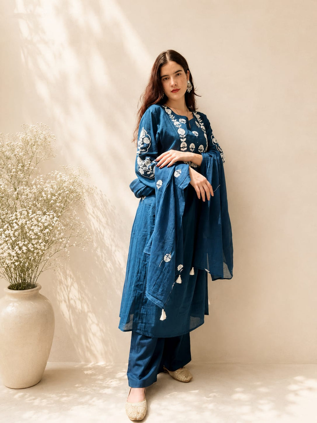 Koshaari Women's Teal Blue Floral Embroidered Anarkali Kurta with Trousers & Dupatta Set