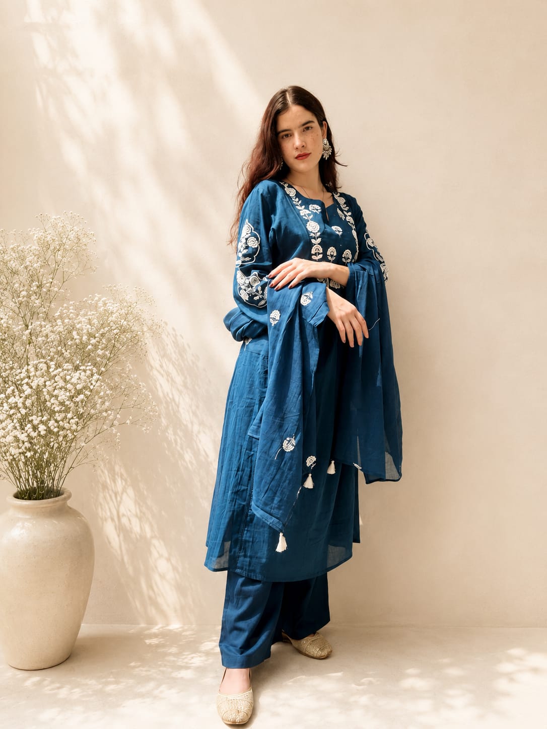 Koshaari Women's Teal Blue Floral Embroidered Anarkali Kurta with Trousers & Dupatta Set