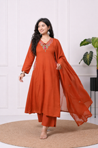 Koshaari Rust Orange Floral Embroidered Kurti Set with Dupatta