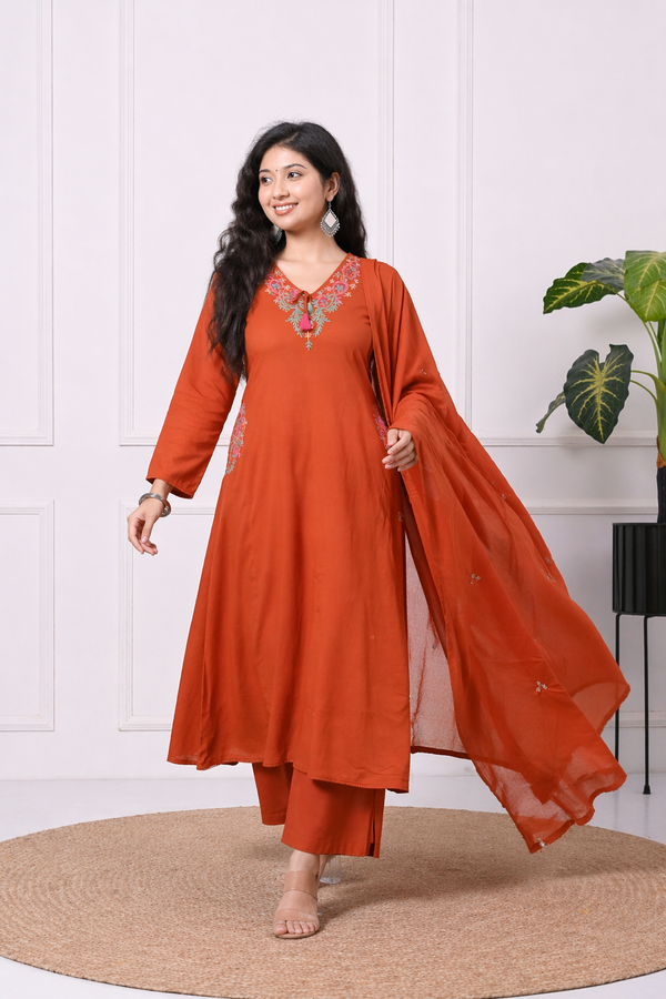 Koshaari Rust Orange Floral Embroidered Kurti Set with Dupatta