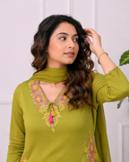 Koshaari Mehendi green Floral Embroidered Kurti Set with Dupatta