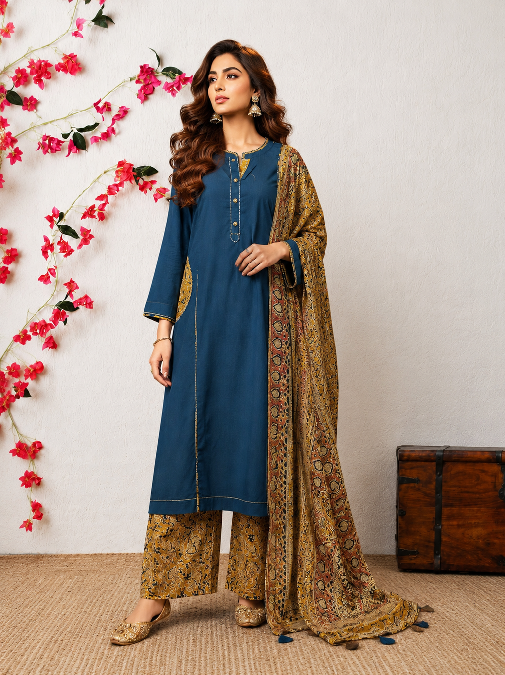 Elegant Indigo Blue Cotton Kurta Set with Kalamkari Print Palazo & Dupatta