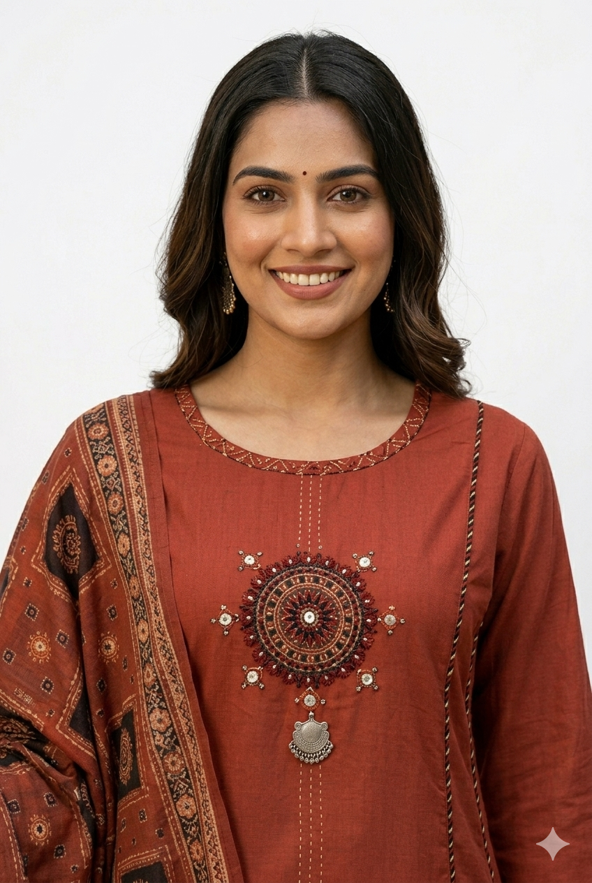 Rust Red Mirror-Work Kurta Set