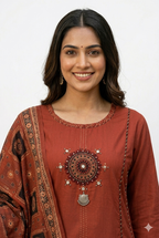 Rust Red Mirror-Work Kurta Set