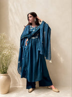 Koshaari Women's Teal Blue Floral Embroidered Anarkali Kurta with Trousers & Dupatta Set