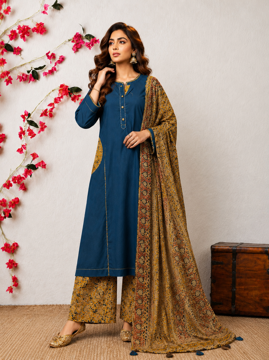 Elegant Indigo Blue Cotton Kurta Set with Kalamkari Print Palazo & Dupatta