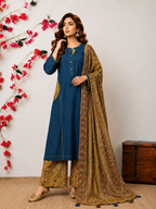 Elegant Indigo Blue Cotton Kurta Set with Kalamkari Print Palazo & Dupatta