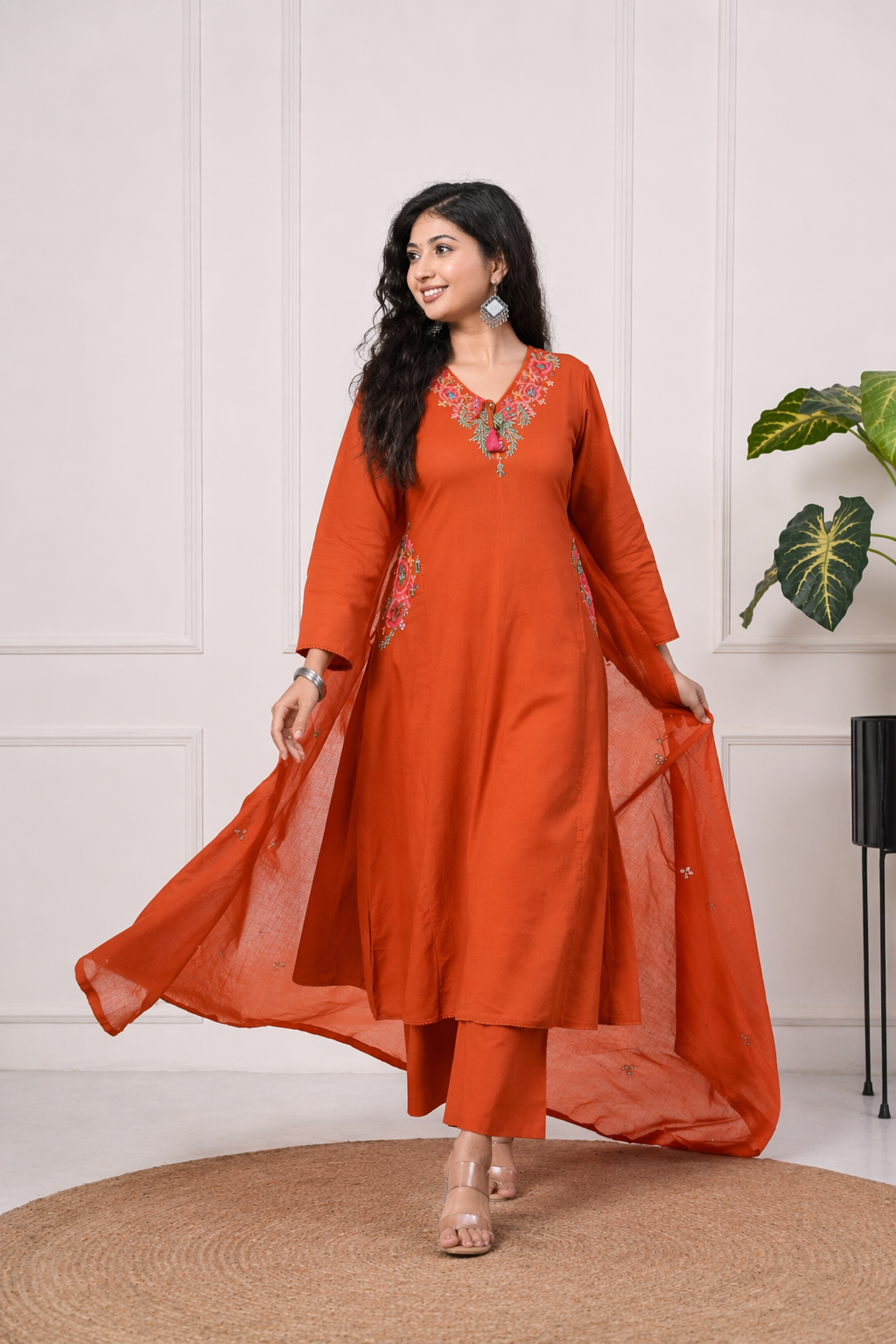 Koshaari Rust Orange Floral Embroidered Kurti Set with Dupatta