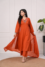 Koshaari Rust Orange Floral Embroidered Kurti Set with Dupatta