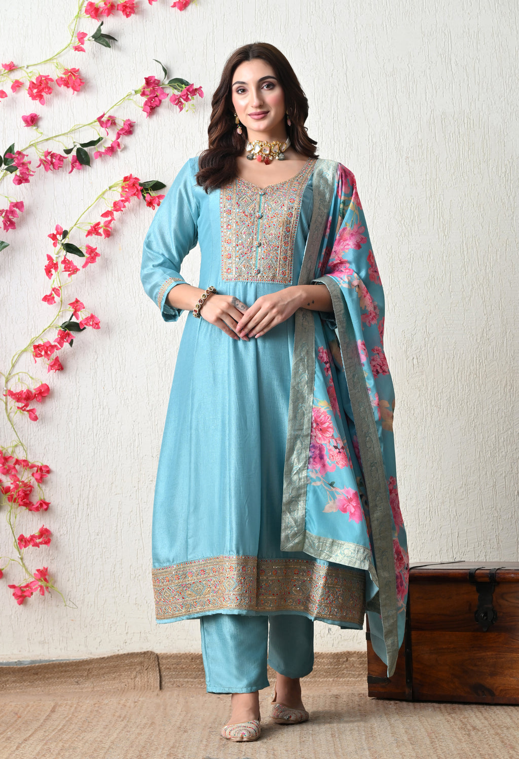 Serene Sky Blue Embroidered Anarkali Suit Set