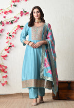 Serene Sky Blue Embroidered Anarkali Suit Set