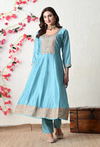 Serene Sky Blue Embroidered Anarkali Suit Set