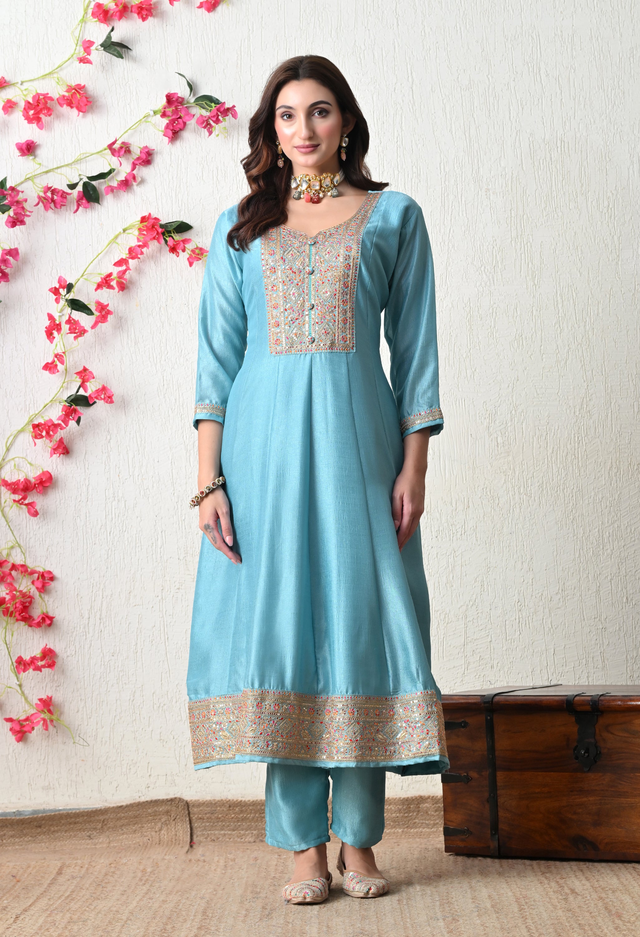 Serene Sky Blue Embroidered Anarkali Suit Set