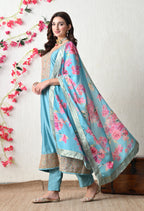 Serene Sky Blue Embroidered Anarkali Suit Set