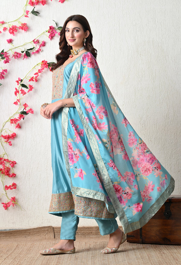 Serene Sky Blue Embroidered Anarkali Suit Set