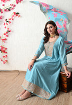 Serene Sky Blue Embroidered Anarkali Suit Set