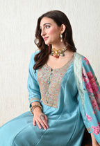 Serene Sky Blue Embroidered Anarkali Suit Set