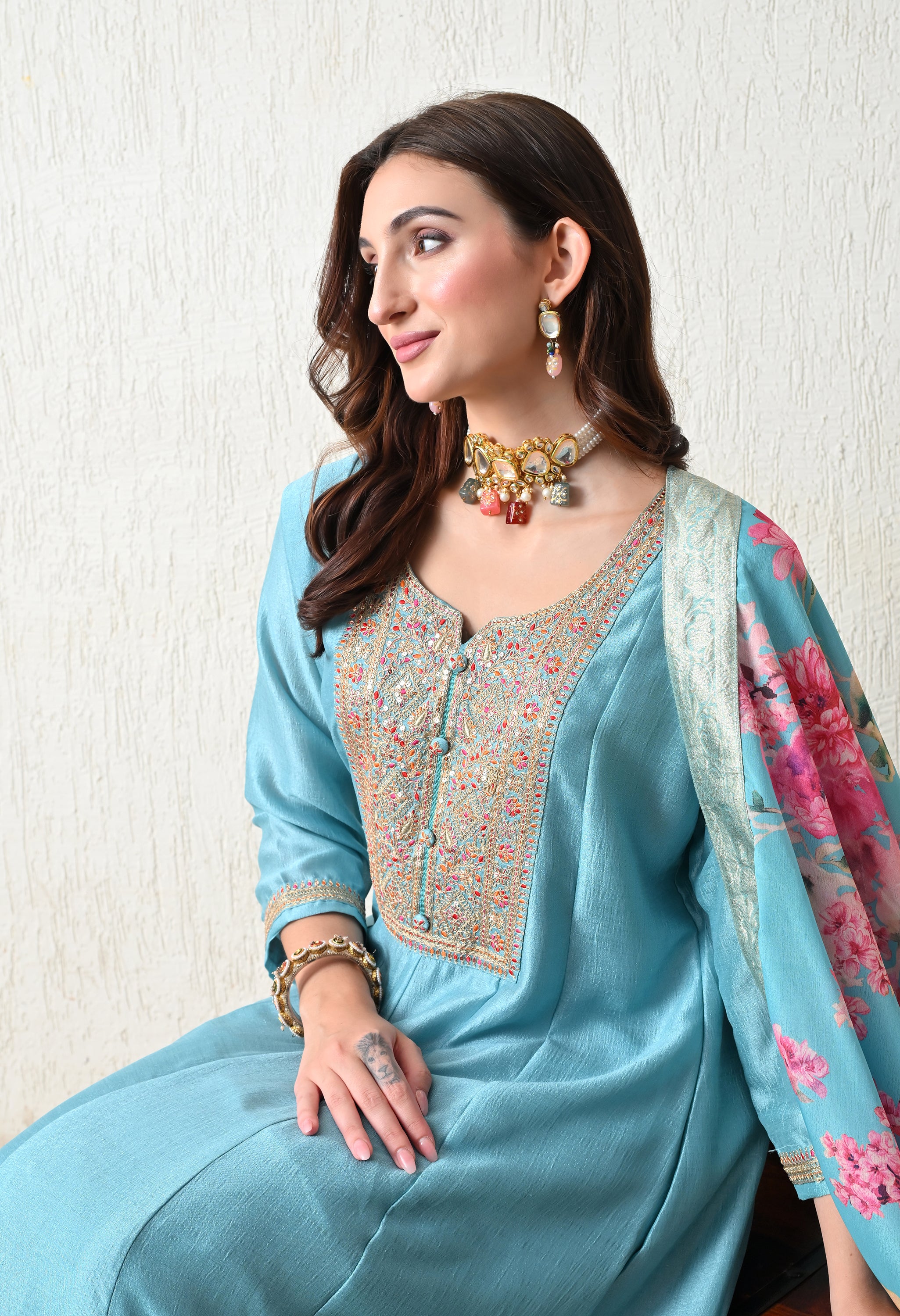 Serene Sky Blue Embroidered Anarkali Suit Set