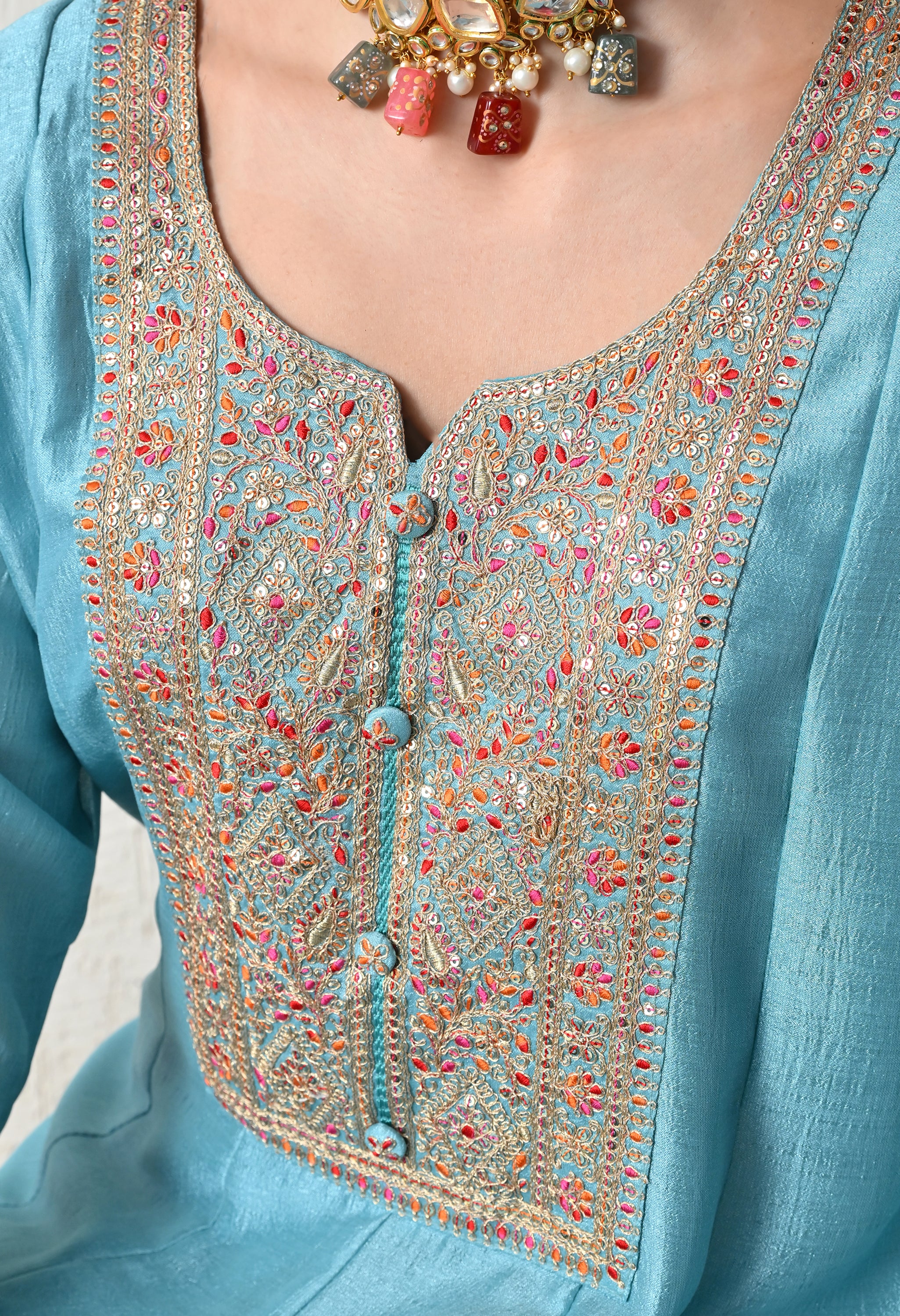 Serene Sky Blue Embroidered Anarkali Suit Set