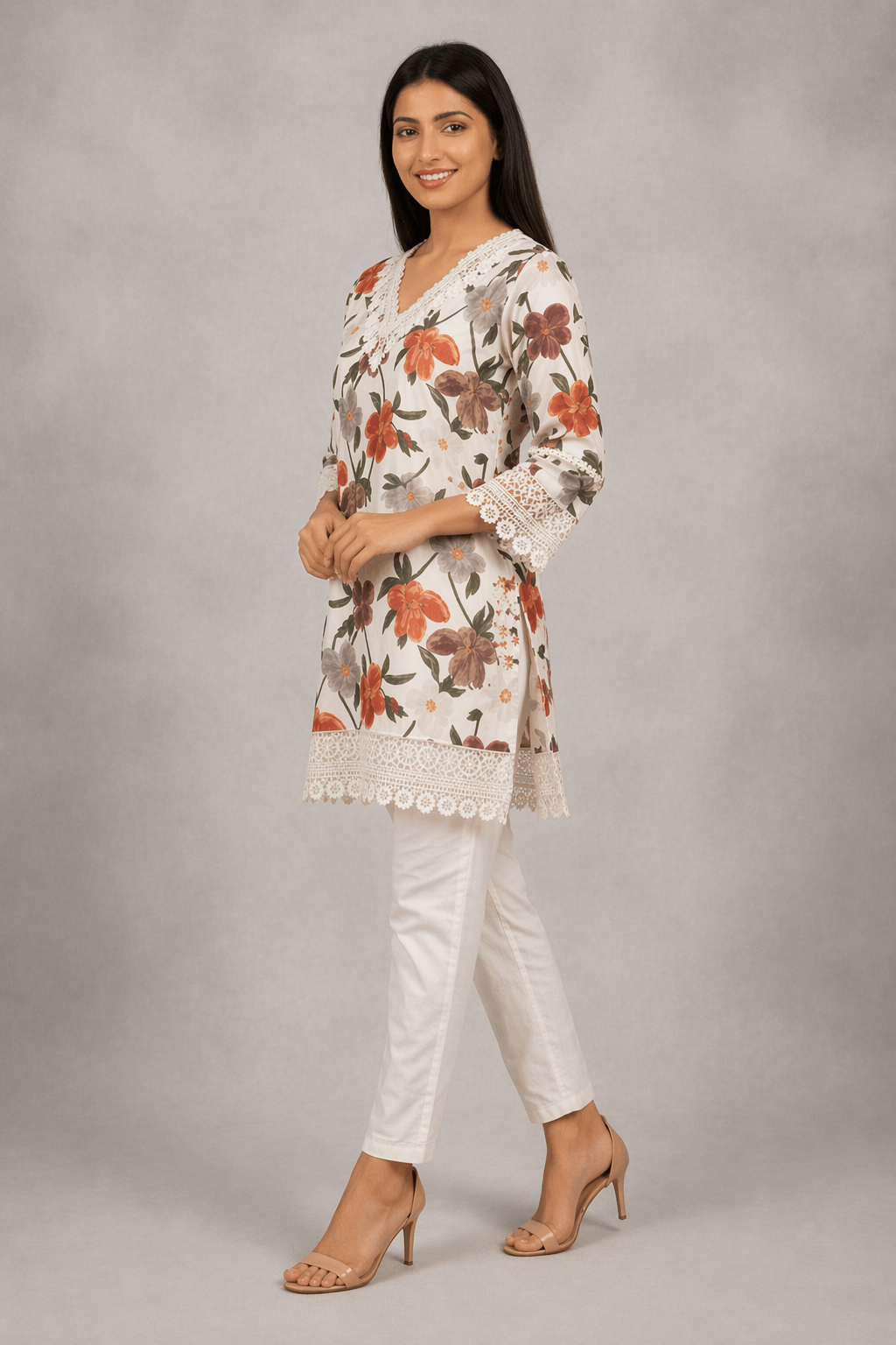Floral Lace-Trimmed Kurti