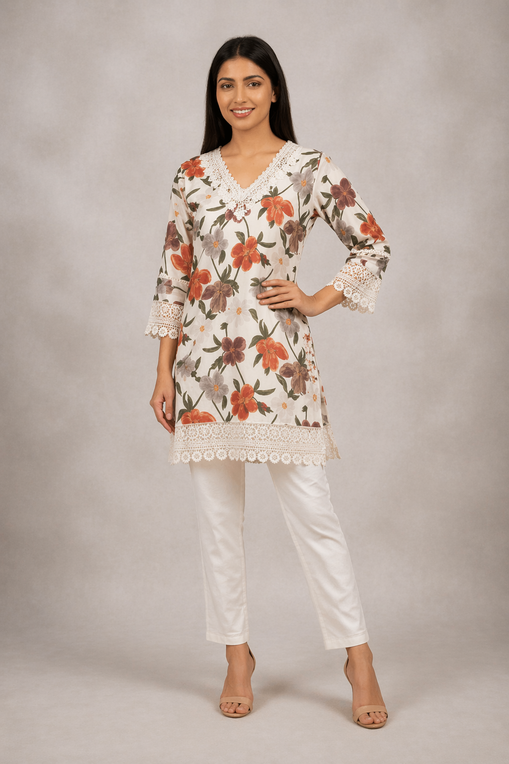 Floral Lace-Trimmed Kurti